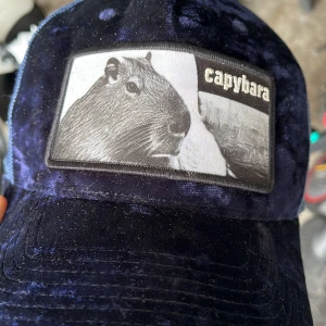 Mörkblå sammetstkeps med capybara-patch - Unik mörkblå keps i sammet med en stor patch framtill som har ett svartvitt capybara-motiv och texten 'capybara'. Perfekt för dig som vill sticka ut med en cool och mjuk accessoar.