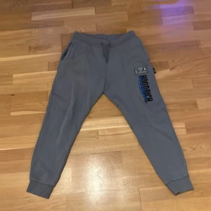 Grå mjukisbyxor från Hoodrich - Snygga grå mjukisbyxor från Hoodrich med tryck och broderad logga på benet. Byxorna har snörning i midjan, muddar vid bensluten och coola detaljer i blått och vitt. Perfekta för en avslappnad streetwear-look.