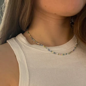 Färgglatt pärlhalsband - Säljer ett färgglatt halsband med små pärlor i olika nyanser av blått, grönt, gult, rosa och lila. Halsbandet har ett enkelt lås i metall och är perfekt för att ge en färgklick till din outfit. Passar både till vardag och speciella tillfällen. Färgerna visas rättvisast på första bilden. 