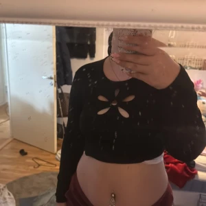 Svart croppad topp med cut-out från FB Sister - Säljer en svart croppad långärmad topp från FB Sister i storlek L. Toppen har unika cut-out detaljer framtill som ger en cool look. Perfekt att styla med höga byxor eller kjol. Materialet är mjukt och stretchigt.