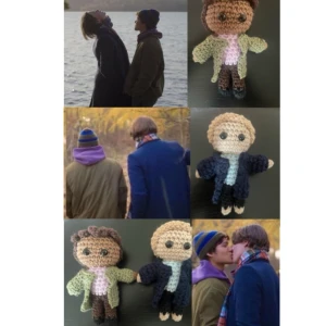 Young royals figurer  - Jag har virkat Wille och Simon från serien Young royals. Det är deras outfits från en speciell scen i serien som kallas ”lake scene”, som jag också lagt in bild på ovan. 12cm långa, 9 cm breda från hand till hand. 1 figur för 150kr, 2 figurer för 250kr. Du är också varmt välkommen att skriva till mig om du har några andra funderingar💕