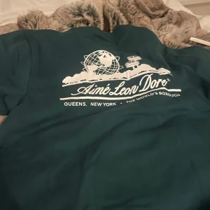 Grön t-shirt från Aimé Leon Dore - Nästintill oanvänd, snygg och grön t-shirt från Aimé Leon Dore med ett coolt tryck i vitt på baksidan. Perfekt för en avslappnad stil. T-shirten har en klassisk passform och är tillverkad i mjukt material.
