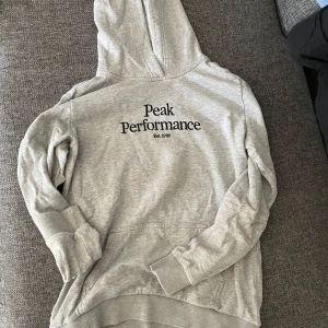 Grå hoodie från Peak Performance - Säljer en grå hoodie från Peak Performance med svart logga på ryggen. Tröjan har huva och ribbade muddar vid ärmslut och nederkant. Perfekt för en avslappnad stil.