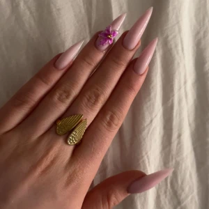 Guldfärgad ring med vingar - Säljer en snygg guldfärgad ring med två detaljerade vingar framtill. Ringen levereras i en röd presentask med rosett. Perfekt accessoar för att ge din stil en unik touch.