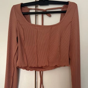 Rostbrun croppad topp från SHEIN - Trendig croppad topp från SHEIN i en rostbrun nyans. Toppen har långa ärmar, ribbat tyg och dekorativa sömmar framtill. Urringad hals och snygg knytning i ryggen ger en cool vibe. Perfekt för dig som gillar detaljer och en modern look.