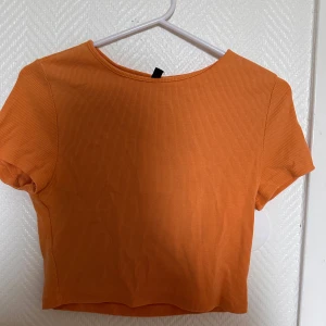 Orange ribbad croppad topp från H&M Divided - Säljer en orange ribbad croppad topp från H&M Divided. T-shirten har korta ärmar och en enkel, tight passform. Perfekt för att addera färg till din outfit!