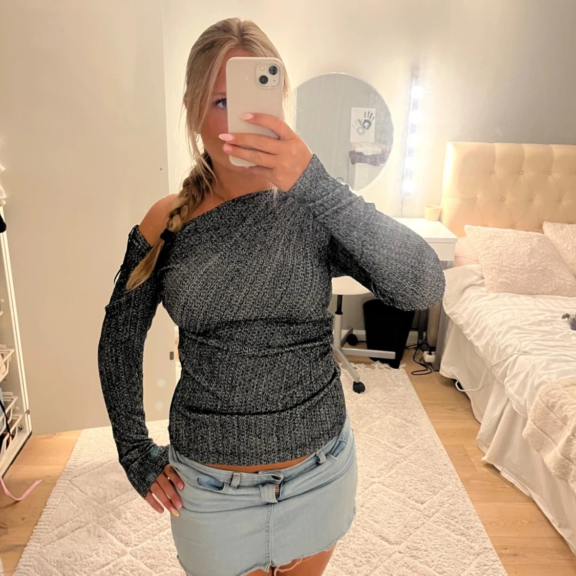 Mörkgrå offshoulder stickad tröja - 1