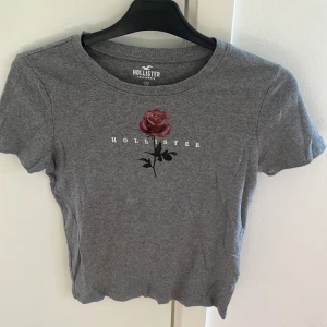 Grå croppad topp med ros från Hollister - Säljer denna gråa t-short från hollister med en ros på i storlek Xs💓