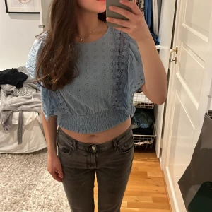 Blå blus med spetsdetaljer - Säljer en söt blå blus med spetsdetaljer och korta ärmar. Blusen har en elastisk midja och ett fint broderat mönster. Perfekt för en somrig look!