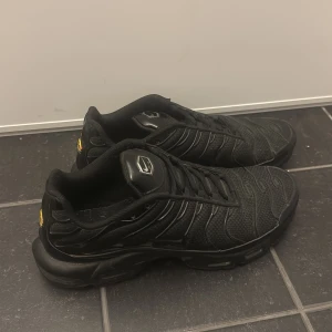 Svarta Nike Air Max plus  - Snygga svarta sneakers med en stilren design och snörning. Skorna har en robust sula och diskreta detaljer som ger en modern look. Perfekta för en casual stil.Säljer skorna då dom har använts fåtal gånger och inte behövs längre . Skick 9/10 