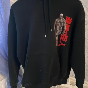 Svart hoodie med Attack on Titan-tryck från Pull&Bear - Säljer en svart hoodie från Pull&Bear med ett coolt Attack on Titan-tryck. Hoodien har en stor ficka framtill och justerbar huva. Perfekt för fans av serien!