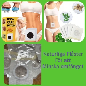 Prisförslag- 5 st Body Care Patch - Naturliga plåster för kroppen som appliceras på huden. Plåstren är runda med en mörk cirkel i mitten och används för att minska omfånget. Förpackningen visar örter och ingefära som ingredienser. 5 st
