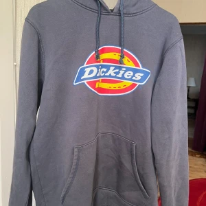 Grå/blå  hoodie från Dickies - Säljer en grå hoodie från Dickies med deras ikoniska logga i rött, gult och blått på bröstet. Tröjan har en klassisk känguruficka och justerbar huva med dragsko. Perfekt för en avslappnad stil. Det är storlek xs men den är ganska stor i storleken