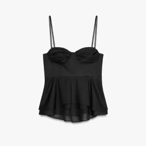 ZARA topp - Supersnygg svart korsett-topp med tunna dubbla axelband och volangig nederdel. Knappt använd :) passar i både s och m! Kan gå ner till 250 kr vid snabb affär! 