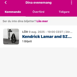 Sza & Kendrick Lamar konsert - Hej! Säljer min biljett till Sza och Kendrick Lamars konsert den 9e augusti. Sektion D, högra sidan. Säljer för 1000kr och överför direkt via Stockholm Live vid köp. 