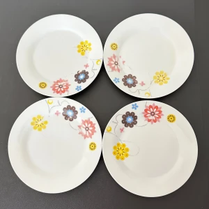 4-pack blommiga tallrikar  - Fin serveringsbricka från Boxxx. Höjd 3 cm, längd 20 cm. I fint skick med – missfärgning och en fläck (se bilder).  Perfekt att använda vid servering av tårtor, kakor, bakverk eller andra mindre maträtter. Passar fint till både vardag och fest – stilren och enkel design som lyfter dukningen.