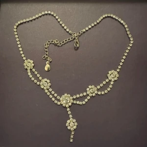 Glittrigt halsband med blommor - Supersnyggt halsband med glittrande stenar i silverfärg och blommiga detaljer. Kedjan har dubbla rader av små stenar och fem blommor som ger en lyxig känsla