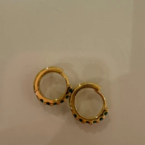 Guldiga örhängen med gröna stenar - Säljer ett par små, runda örhängen i guldton med gröna stenar längs framsidan. De har en klassisk creolform och ger en snygg touch med de glittrande gröna detaljerna. Perfekta för dig som gillar stilrena smycken med lite färg.