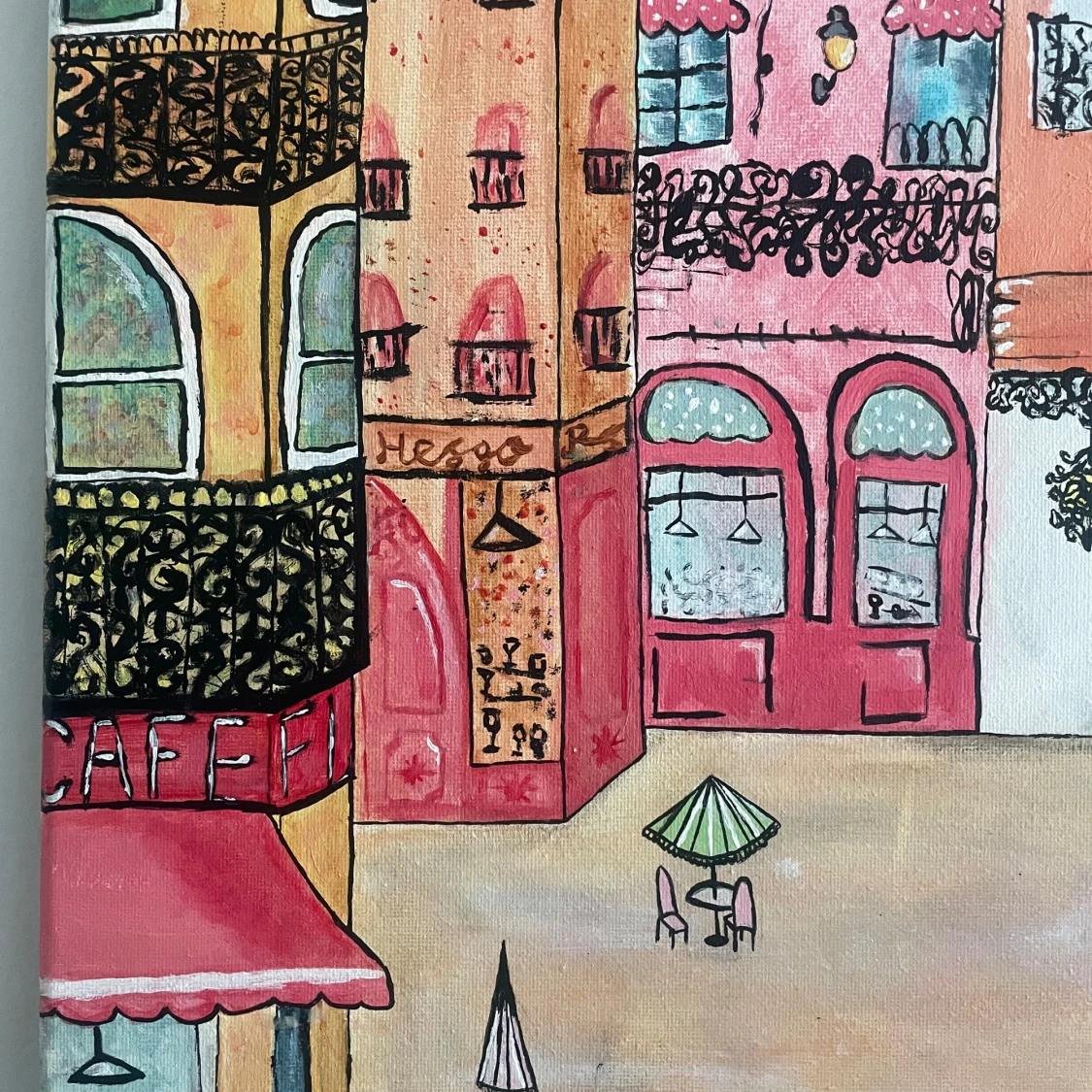 Målning av stadstorg med café och pastellfärgade byggnader - 2