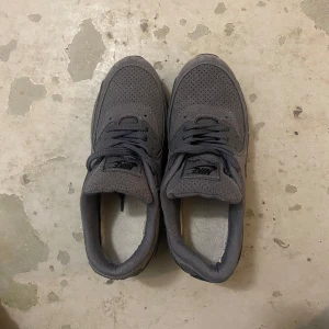Grå Nike Air Max sneakers - Säljer ett par grå Nike Air Max sneakers med mesh- och syntetmaterial. Skorna har klassisk Nike-logga på sidan, snörning och en synlig Air Max-dämpning i sulan. Perfekta för en sportig och stilren look.