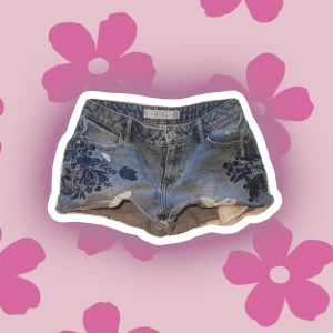 Lågmidjade Jeansshorts - Snygga blå jeansshorts broderade blommor i mörkblått på fram- och baksidan. Sköna för sommaren med unik design, använda fåtal gånger förra sommaren men inga defekter.