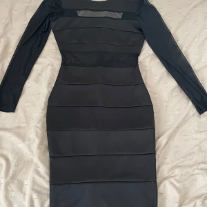 Svart långärmad klänning Dennis Maglic - Nypris är 500kr  Säljer en svart, figurnära klänning från Dennis Maglic i storlek S. Klänningen har lång ärm, paneler i mesh och en tight passform som framhäver siluetten. Snygga detaljer med genomskinliga partier och dragkedja i sidan. Perfekt för dig som vill sticka ut.