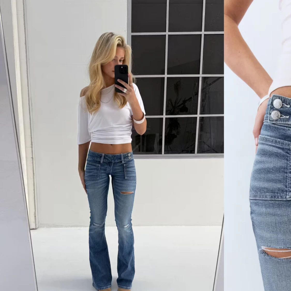 Blå bootcut jeans med slitningar