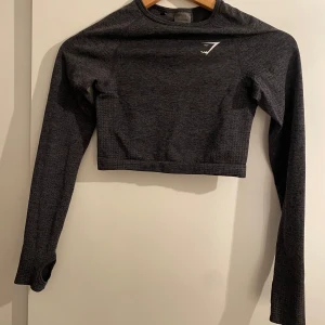 Mörkgrå croppad tröja från Gymshark - Säljer en mörkgrå croppad tröja från Gymshark. Tröjan är långärmad och har en liten logga på bröstet. Perfekt för träning med sitt stretchiga material och tumhål vid ärmsluten. Tillverkad i en blandning av nylon, polyester och elastan.