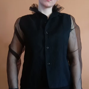 Tröja med meshärmar och volangkrage - Svart tröja med knappar framtill och transparenta, långa ärmar i mesh. Kragen och kanten på ärmarna har en volangdetalj. Detta är verkligen ett statement plagg! Storlek S 🖤
