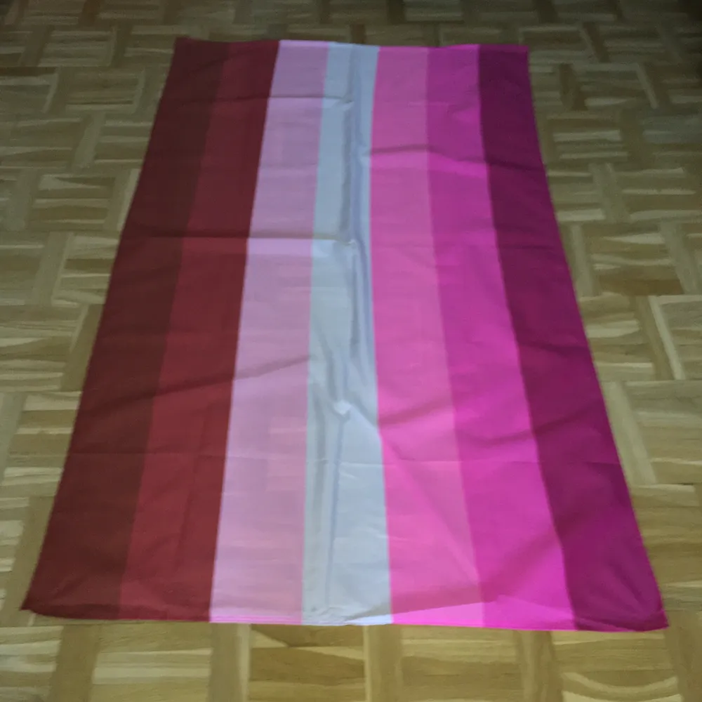 Fett cool och stor flagga med lesbiska färgerna med måtten 90x150. Fint skick förutom små hål från där jag satt upp den. Man kan till exempel ha den som en cape på Pride eller sätta upp den i sitt rum🍒. Övrigt.