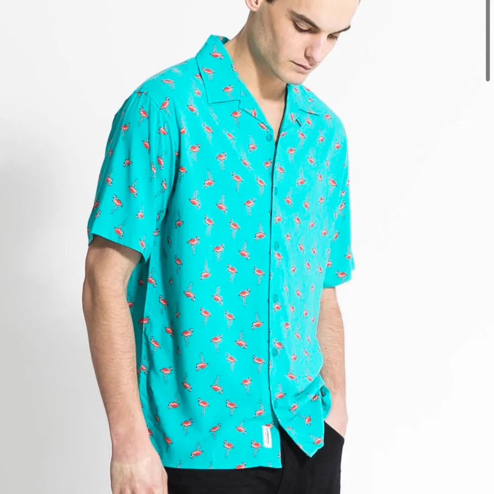 Skjorta med flamingos på! Skitsnygg och sparsamt använd. 80kr och frakt ingår.  Storlek L och använd som oversize . Skjortor.