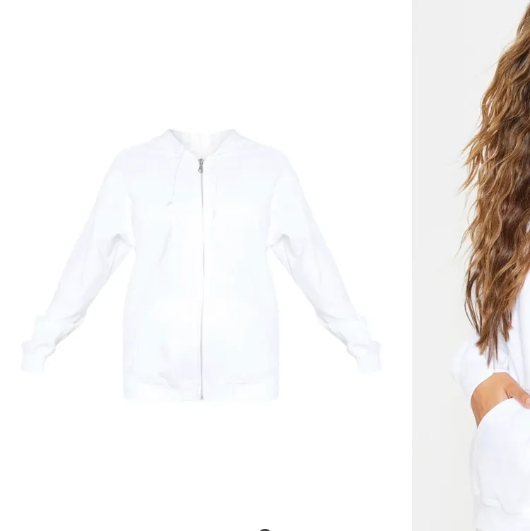 Skit snygga oanvänd vit zip hoodie i storlek S. Säljer då jag råkade beställa 2 stycken, frakt betalas av köpare😄. Hoodies.