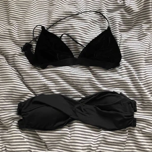 - Säljer mina bikinis som blivit försmå! Den översta är i storlek 34 och har en sammets yta och en korsad rygg. Den under är en off the shoulder bikini och är i storlek S. 50kr/st