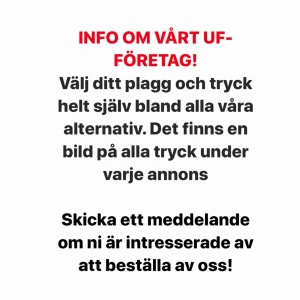  - I vår profil kan ni se alla plagg och tygpåsar som vi erbjuder, sedan är det upp till dig att välja vilket tryck du vill ha. Du hittar alla våra tryck som en bild i varje annons! Skicka meddelande till oss om du är intresserad av att beställa.