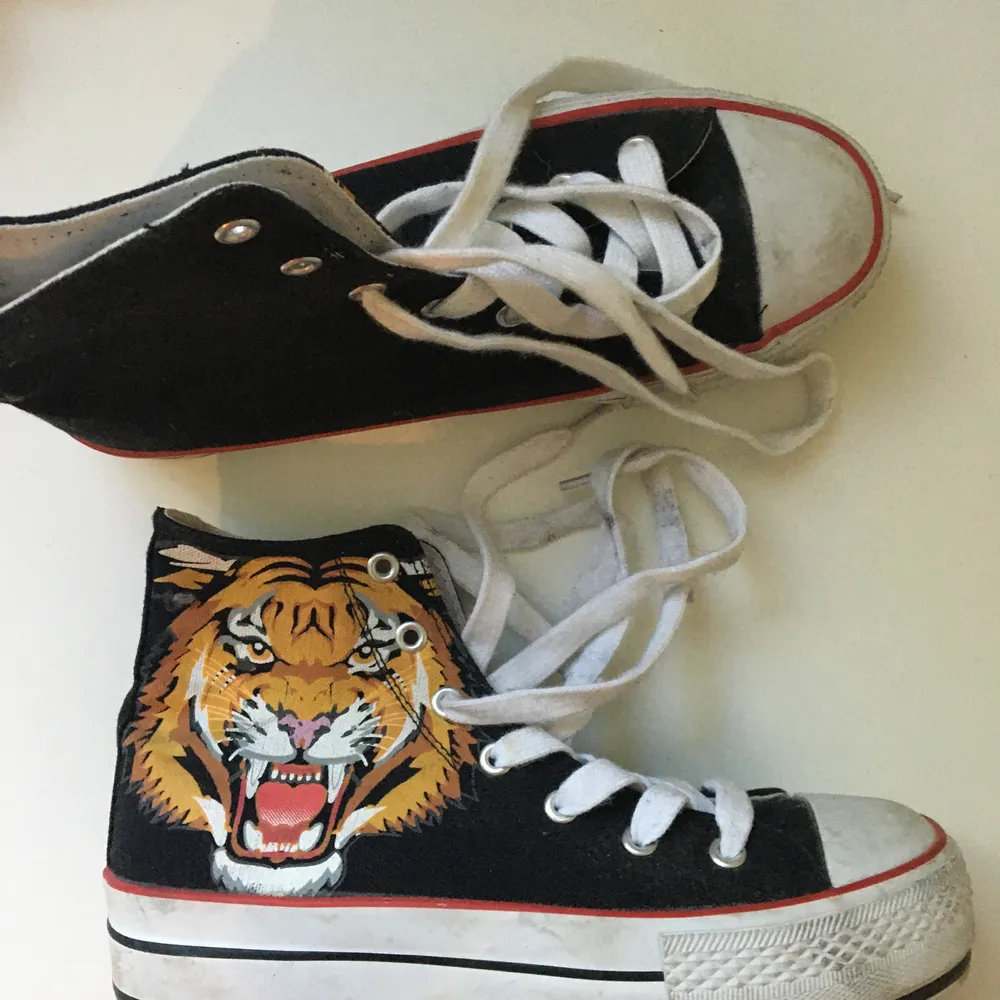 Skit snygga converse liknande tyg skor med platå i tiger på sidan. . Skor.