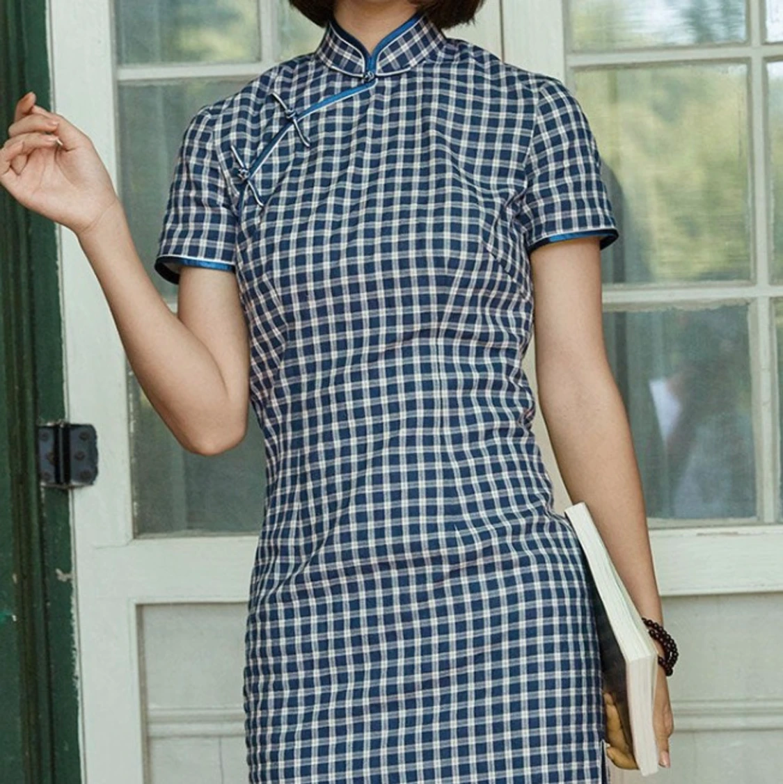 Blue plaid cotton Chinese dress - 90