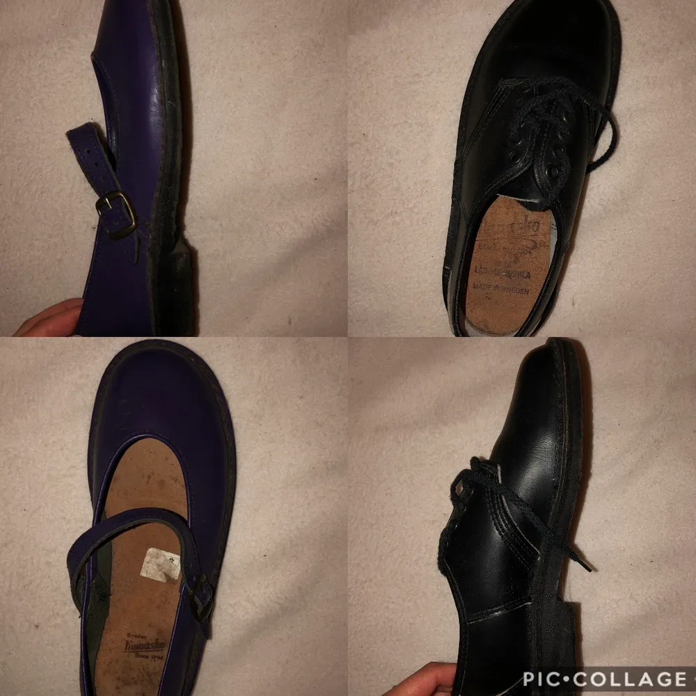 Fem par vintage skor som är HANDGJORDA och gjorda i SVERIGE. Alla är storlek 36 förutom på sista bilden där ett par svarta finskor är markerade med strl 39. Dm för fler bilder. Pris kan diskuteras !!!!! Alla skor är unisex.. Skor.