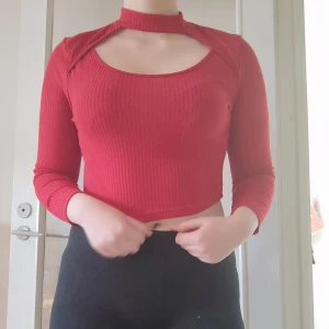 Kortare röd ribbad topp med utskuren detalj - Fint skick. Går till naveln på 172cm lång kropp. 