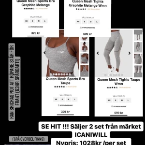 Träningskläder - Säljer två stycken kompletta set från märket ICANIWILL. Använd ca 2-3 gånger så de är inget att anmärka på, utan i nyskick. Allt är i storlek L, men de är som en M i storlek.   Nypris för ett komplett set: 1028kr Mitt pris för ett komplett set: 650kr Mitt pris för båda seten: 1200kr Kan också säljer separat: 500kr/per tights 250kr/ per överdel    Kan skickas! Köpare står för frakt!   Undrar ni över något så tveka inte på att skriva!!! 🌟😇