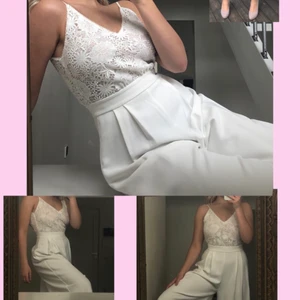Vit nästan ny jumpusuit.  - Min gamla bal outfitt som jag hade 2018. Bara använd en gång och är hel fel fri. Spets på toppen, tajt midja och vida tre-kvarts ben med öppen rygg. Original pris 1900kr