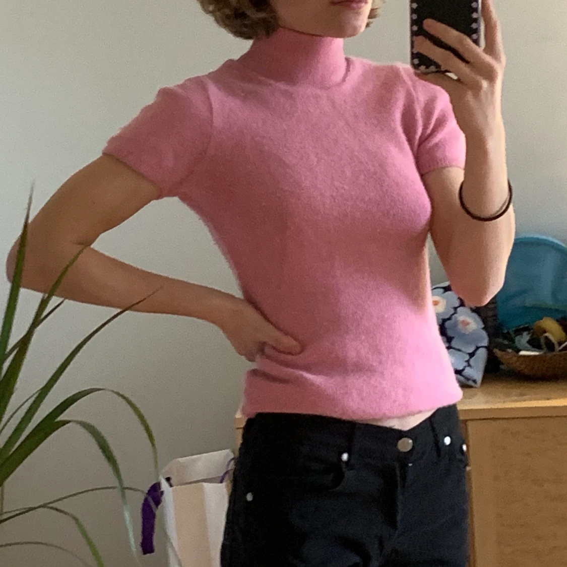 Rosa stickad kortärmad polotröja  - 90