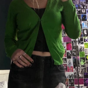 Grön cardigan! - Söt grön cardigan köpt second hand för ett antal år sen. Säljer den för att jag aldrig använder den längre. Bra skick dock saknar den knappar så jag använde alltid bara en säkerhetsnål som knapp. Köparen står för frakt<3