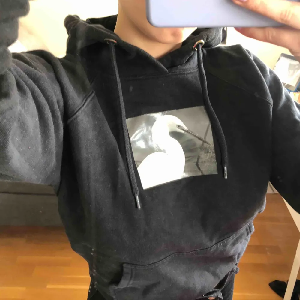 En svart  hoodie med ett svartvit tryck föreställande en svan. Tjockt och bra material. I nyskick. Super enkle å matcha å lite roligare en en enfärgad tröja🤗🤗 . Hoodies.