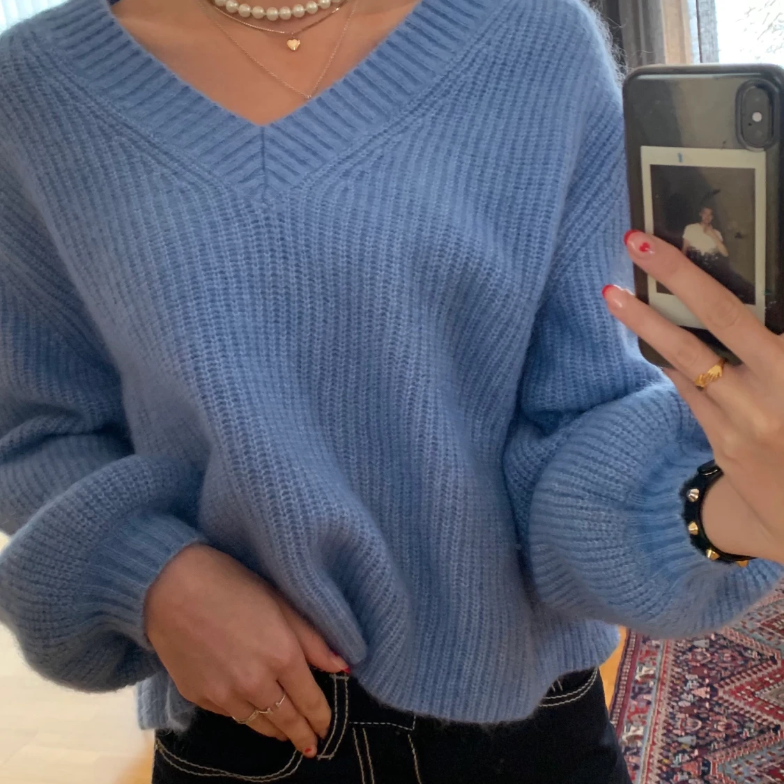 Blå stickad tröja i mohair  - 91