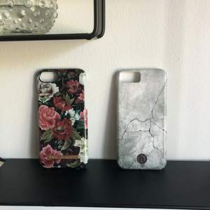 Båda passar till iPhone 6, 7 och 8. Skalet med rosor på har lite skador (jag kan skicka fler bilder privat på det), men det andra skalet med marmor ser nästan nytt ut. 70kr för båda och för ett 40kr. Frakt tillkommer💫