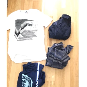  - Herr tshirt och två skjortor. Väldigt fina skjortor den enda från valient dyrare märke från carlings, och den blå raniga fin retro style från h&m. För liten Därav billiga priset åker till secondhand snart. 20kr För tshirt och  30 för skjorta