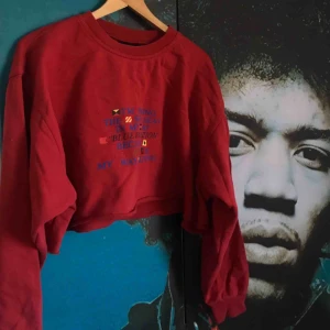  - Snygg, croppad sweatshirt i röd färg. Tröjan är i storlek L men avklippt av tidigare ägare, så sitter snyggt på alla. Den är i fint skick (aldrig använd av mig), köpt på Plick tidigare. Fraktkostnad tillkommer