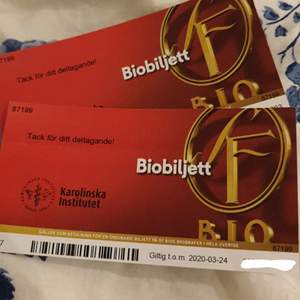 Säljer två stycken biobiljetter, 100kr styck. Funkar för en ordinarie biljett på SF bios biografer i hela Sverige. Går ut den 24/3. Skickar koden via sms!  Säljer för att jag inte har tillfälle för att använda dessa!