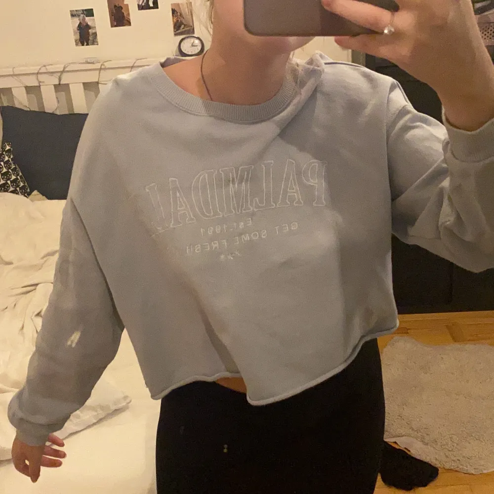 Ljusblå/grå hoodie från Pull & Bear med trycket ”Palmdale” över bröstet. Den är lite lite croppad och oversized. Jättefin hoodie som nästan aldrig är använd, precis som ny! . Hoodies.