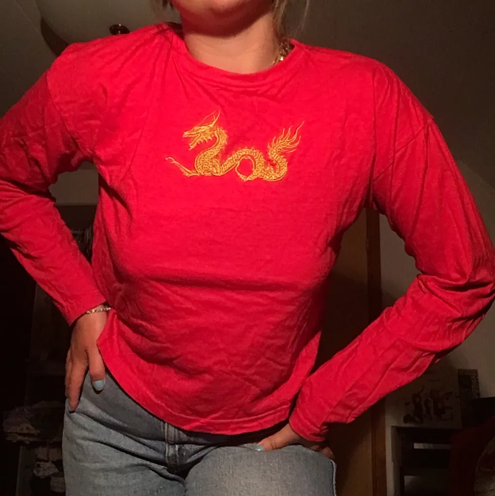 Röd, cool, långärmad tröja med drakbroderi. Den är i superbra skick och otroligt skön att ha på sig🥰. Tröjor & Koftor.
